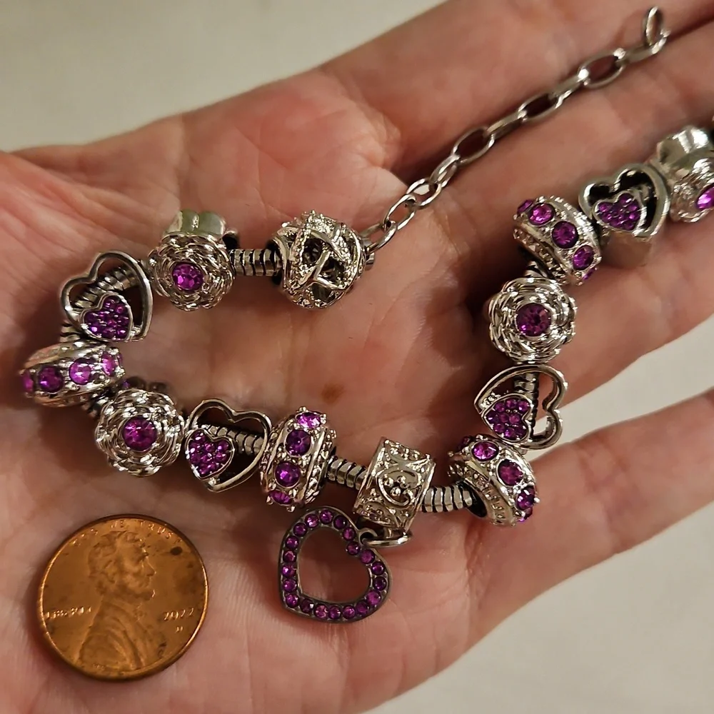 Birthstone bracelet silver tone with charms amethyst dark pink February October - Picture 6 of 10